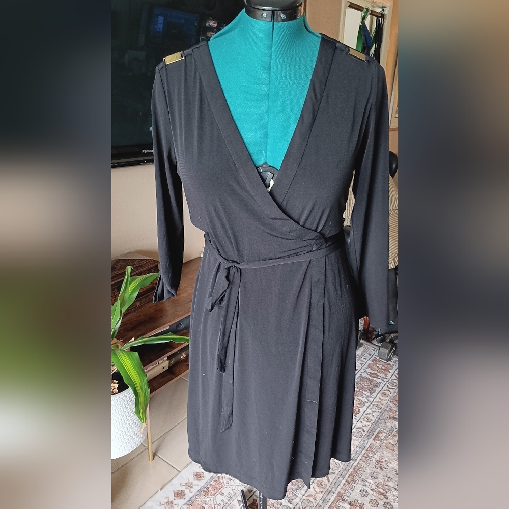 Calvin Klein Black Long Sleeve Stretchy Wrap 10 Dress - Picture 2 of 6